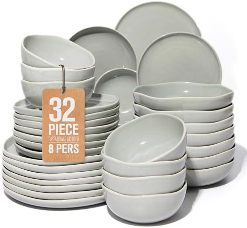 Pokini 32 Piece Dinnerware Set for 8 with Pasta Bowls, Gray Green Reactive Glaze Stoneware | All‑in‑One Host Set for Entertaining, Holiday Meals, Multi‑Course Dish Set | Unique Irregular Look