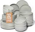 Pokini 32 Piece Dinnerware Set for 8 with Pasta Bowls, Gray Green Reactive Glaze Stoneware | All‑in‑One Host Set for Entertaining, Holiday Meals, Multi‑Course Dish Set | Unique Irregular Look