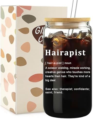 Mikopei Hairdresser Gifts for Women, Hairapist Glass Cup with Lid and
