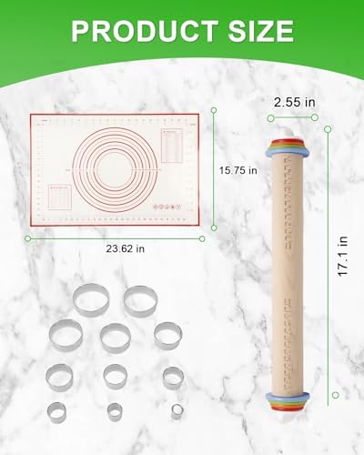 16.7" Wood Rolling Pin with Adjustable Thickness Rings Set