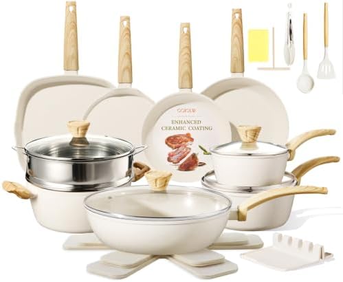 26Pcs Pots and Pans Nonstick Ceramic Cookware Set Nontoxic Kitchen Cooking Set with Steamers Utensils Induction Compatible, PFAS/PFOA Free, Oven and Dishwasher Safe, Cream White