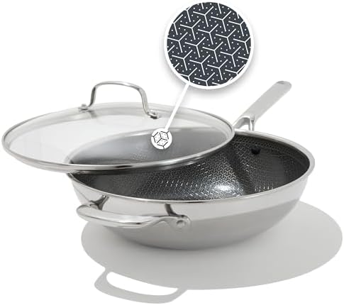 OXO Hybrid 12” Nonstick Wok with Glass Lid, PFAS-Free Ceramic Stir-Fry Pan, Induction & All Cooktop Compatible, Dishwasher Safe, Fusion Boost Tech for Powerful Searing, Mirror Polished Tri-Ply