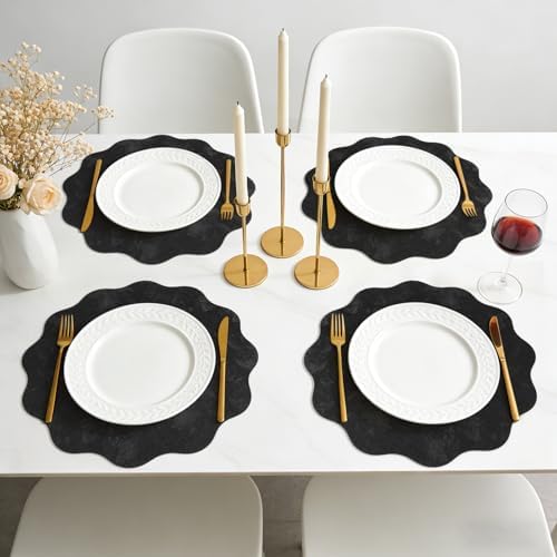 Black Placemats Set of 4 Faux Velvet Leather Place Mats Round