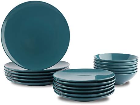 Amazon Basics 18-Piece Stoneware Dinnerware Set, Service for 6, Microwave and Dishwasher Safe, Plates and Bowls, Deep Teal