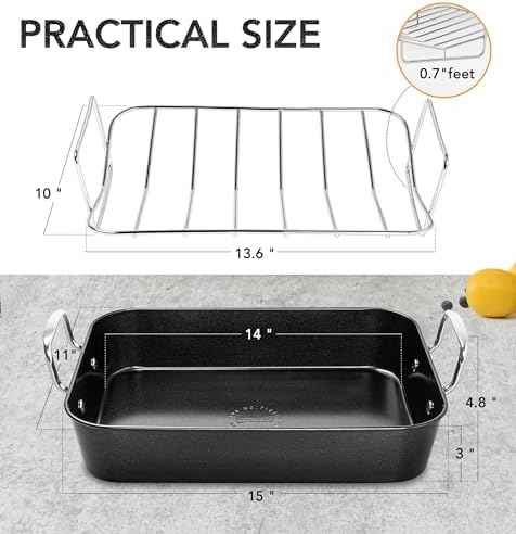 MICHELANGELO Roasting Pan with Rack, Carbon Steel Turkey Roasting Pan for Oven and Induction, Nonstick Turkey Roaster Pan with Stainless Steel Rack, 15 Inch x 11 Inch