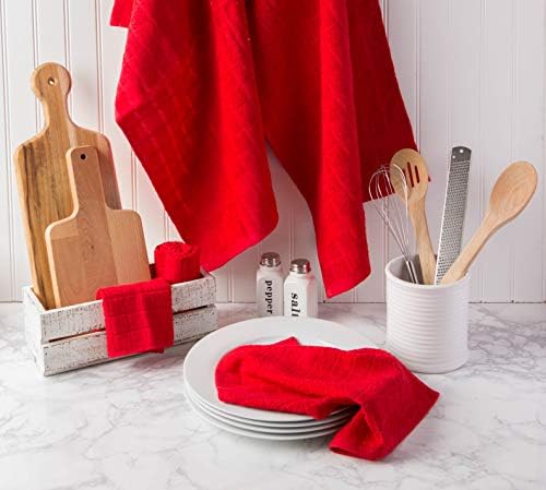 DII Basic Terry Collection Solid Windowpane Dishcloth Set, 12x12, Red