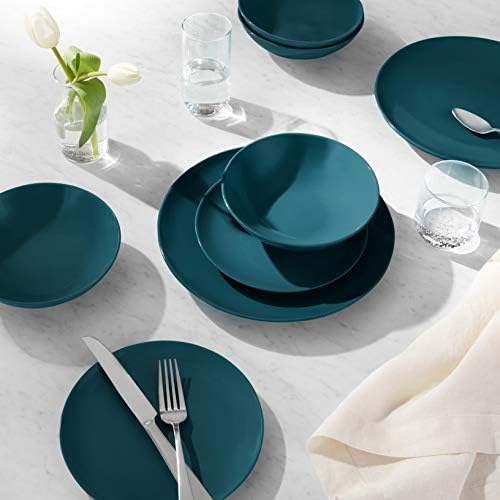 Amazon Basics 18-Piece Stoneware Dinnerware Set, Service for 6, Microwave and Dishwasher Safe, Plates and Bowls, Deep Teal