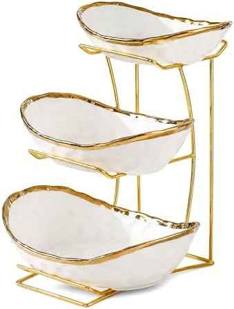 3 Tier White Ceramic Fruit Bowl with Gold Metal Stand, Modern Tiered Fruit Basket Rack for Kitchen Countertop, Large Storage Organizer for Fruit Vegetable Snacks Bread