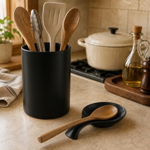 Ceramic Spoon Rest for Stove Top, Black Spoon Holder for Kitchen