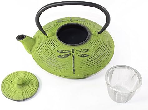 Japanese Antique 27 Fl Oz Green Dragonfly Cast Iron Teapot Tetsubin