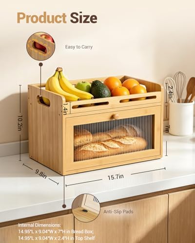 Bread Box for Kitchen Countertop, Bamboo Storage Container with Top Shelf