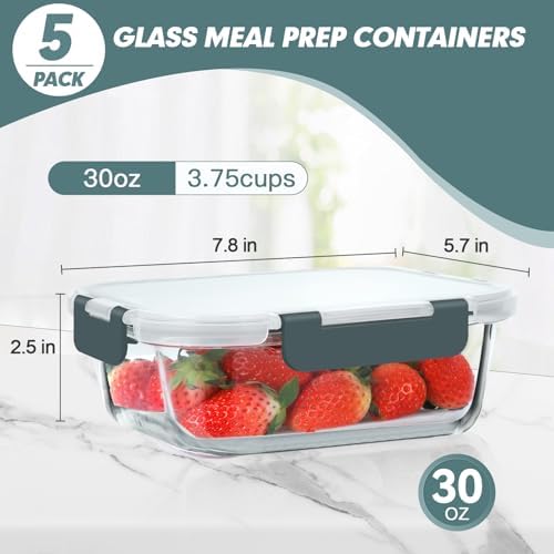 KOMUEE 30 oz 5 Pack Glass Meal Prep Containers with Lids