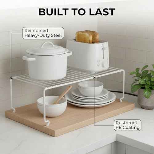 4-Pack Kitchen Cabinet Shelf Riser - Stackable Cupboard Organizer & Wire Rack for Pantry, Spice Organization, Desk & Bathroom, Rustproof Metal Closet Shelves, White (15.7" L x 8.5" W)