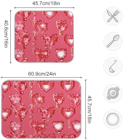 OTVEE Cute Pixel Hearts Galore Dish Drying Mat for Kitchen Counter