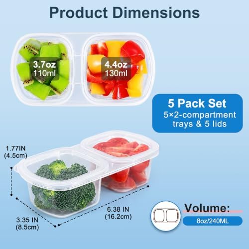 Caperci 5-Pack 8oz 2 Compartment Snack Containers with Lids, Clear