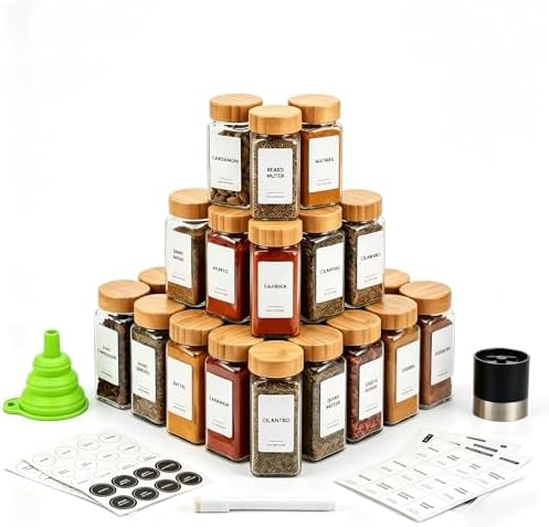 Spice Jar Set, 24 Pcs 4oz Glass Spice Jars with Labels and Bamboo