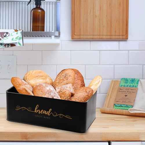 Bread Box with Bamboo Cutting Board Lid, Metal Bread Box for Kitchen Counter, Small Bread Storage Container, Black Bread bin for Kitchen Countertop