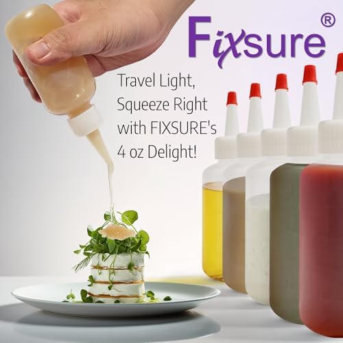 FIXSURE Plastic Squeeze Bottles with Red Tip Cap, 4 Oz Squirt Bottle