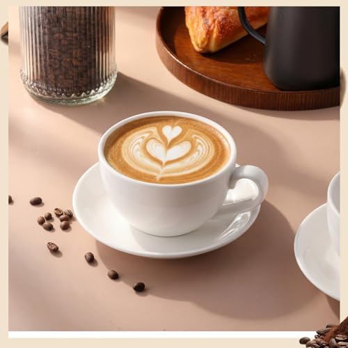 4 Set 16oz Cappuccino Cups with Saucers, Heavyweight Porcelain