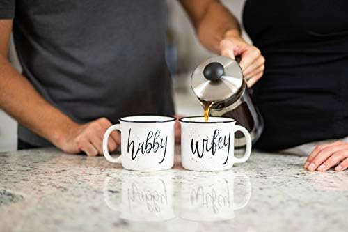 Farmhouse Hubby and Wifey Funny Campfire Couples Coffee Mug Set | 14oz
