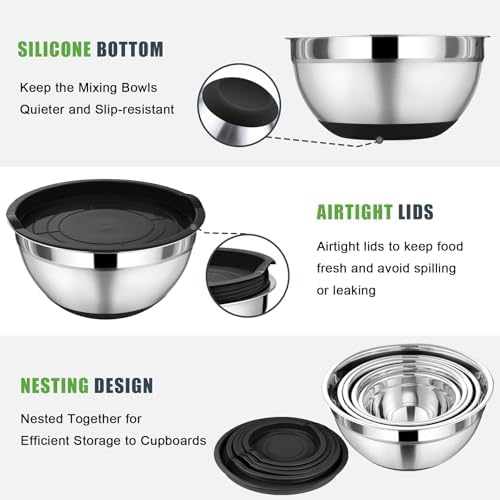 P&P CHEF Mixing Bowls with Lid Set, Nesting Bowl for Storing, Black