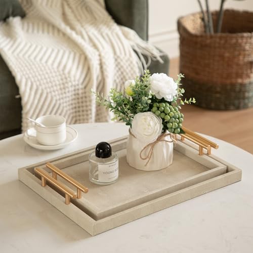 Modern Decorative Tray Set of 2 Ivory Shagreen Leather and Wood