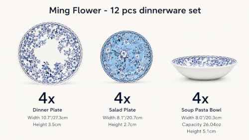 TUDOR ROYAL 12-Piece Porcelain Round Dinnerware Set, Service for 4, MING FLOWER Design, Blue Floral, Plates Bowls Dishes, Premium Quality Tableware, Unique Pattern, Glossy