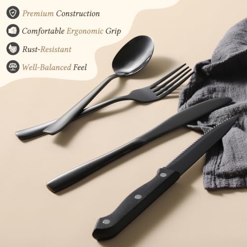 Hiware 48-Piece Black Silverware Set for 8, 18/8 Stainless Steel Flatware Cutlery Set with Forks, Knives, Spoons, Steak Knives, Durable and Elegant Design Utensils Tableware - Dishwasher Safe