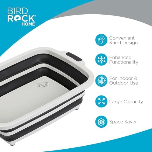 BIRDROCK HOME 11L Collapsible BBQ Prep Tub with Lid, Black, 19”L x