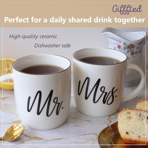 Triple Gifffted Mr and Mrs Coffee Mugs Couples Gift Set, 13oz Ceramic
