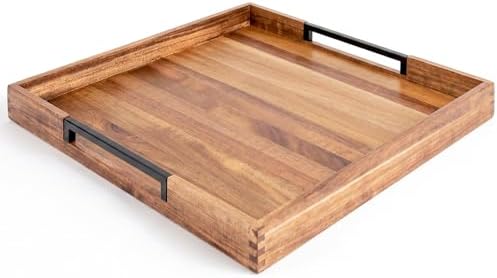 22" x 22" Large Square Acacia Wood Ottoman Tray with Extended Metal