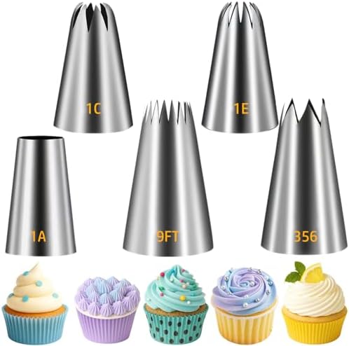 Suuker Large Piping Tips Set, 5 Cake Decorating Tips, 1A 1E 1C 9FT 356