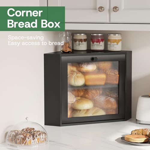 kiplant Black Corner Bread Box for Kitchen Countertop - Bamboo Wood, Wavy Acrylic Door, Adjustable 2-Layer Bread Storage Container, Large Bread Holder