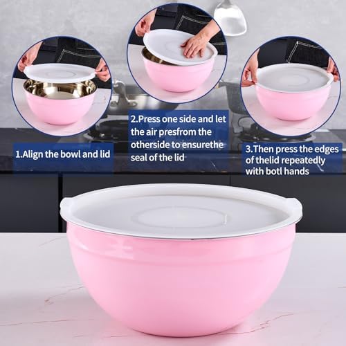 Pink Mixing Bowls With Airtight Lids,Stainless Steel Bowl,Salad Bowls