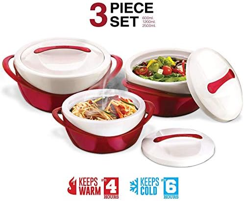 Pinnacle Insulated Casserole Dish with Lid 3 pc. set 2.6/1.25/.6 qt. Elegant Hot Pot Food Warmer/Cooler - Large Thermal Soup/Salad Serving Bowl- Stainless Steel –Best Gift Set for Moms –Holidays Red
