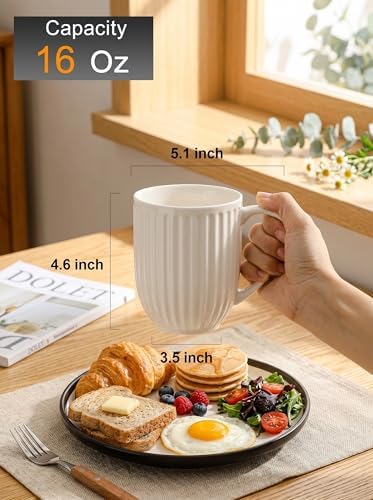 HASENSE Textured Large Coffee Mugs Set of 4, 16 Oz Ribbed Ceramic Cups