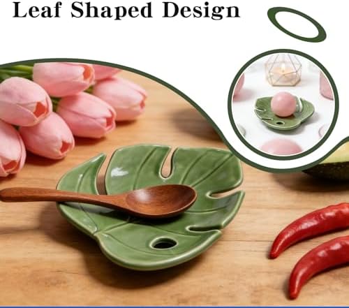Ceramic Spoon Rest for Kitchen Counter, Leaf Shaped Decorative Utensil