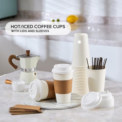 JOLLY PARTY 50 Pack 16 oz Disposable Paper Coffee Cups with Lids &