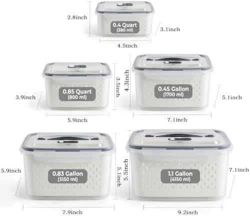 5 Pack BPA-Free Produce Keeper, Food Storage Container w/ Drain Basket