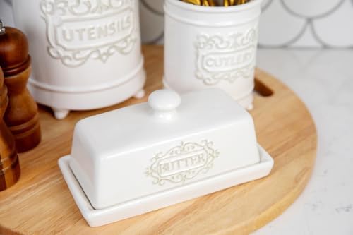Ceramic Butter Dish with Lid, 7.7 x 4 Inch, Engraved Butter Keeper