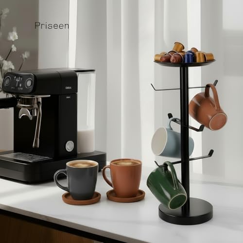 Coffee Mug Tree, Cup Holder for 6 Cups, with Tray for Phone, Tissues