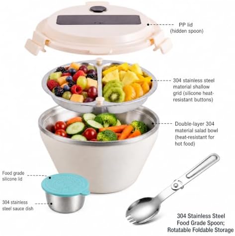 Stainless Steel 33.8oz Salad Bowl Kit with Lid and Dressing Cups