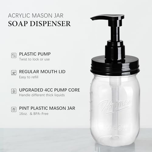 Amolliar Plastic Mason Jar Soap Dispenser, 16OZ, 4 Pack