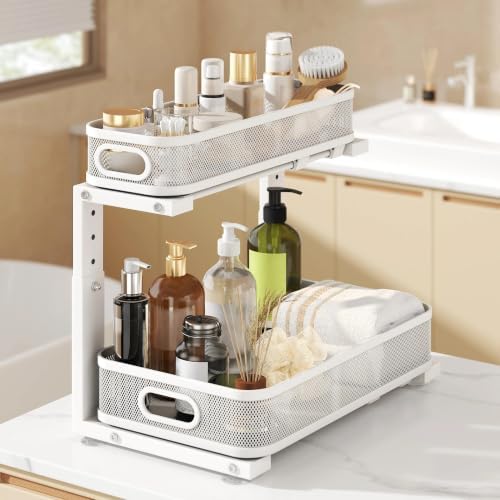 2 Pack Under Sink Organizer With Smooth Cylindrical Rail,2-Tier Pull