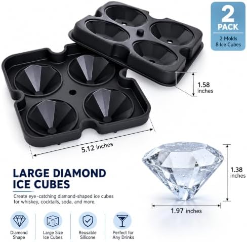 2 Pack Diamond Ice Cube Tray Silicone Mold with Lid, 4 Large