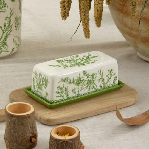 Bico Green Garden Toile Ceramic Butter Dish with Lid, Wide Butter