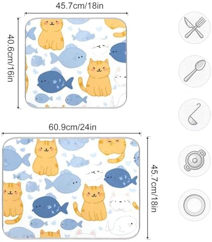OTVEE Bubbly Cat Print Dish Drying Mat for Kitchen Counter Absorbent