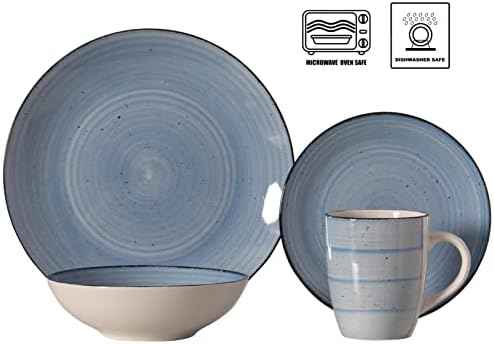 48 PC Spin Wash Dinnerware Dish Set for 12 Person | Mugs, Salad and Dinner Plates and Bowls Sets, Dishes with Highly Chip and Crack Resistant, Dishwasher and Microwave Safe, Blue