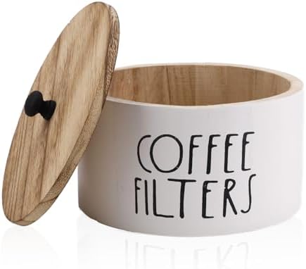 Penitue Round Coffee Filter Holder with Lid, Wooden Rustic Farmhouse