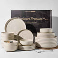 Stoneware Dinnerware Sets for 8, Reactive Glaze Plates & Bowls, Shell Beige